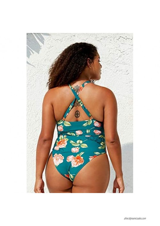 CUPSHE Women's One Piece Plus Size Swimsuit Floral Print Crisscross Bathing Suit