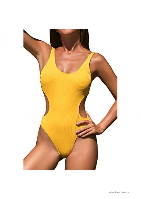 CUPSHE Women's Ribbed Yellow Cut Out Scoop Back One Piece Swimsuit