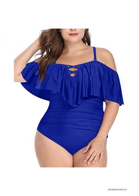 Daci Women Plus Size One Piece Swimsuits Tummy Control Flounce Off Shoulder Bathing Suits