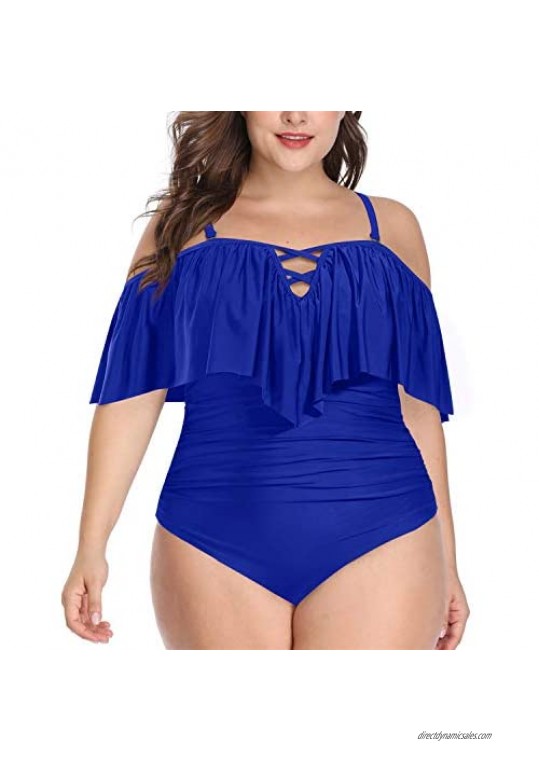Daci Women Plus Size One Piece Swimsuits Tummy Control Flounce Off Shoulder Bathing Suits