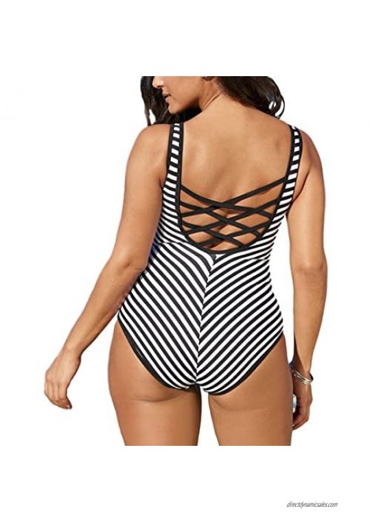 FlatterMe Women's Plus Size Tummy Control Swimwear One Piece Swimsuit Slimming Stripe Monokini Bathing Suits