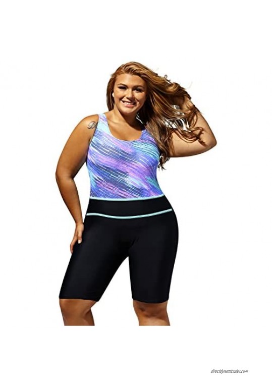 GLUDEAR Women Plus Size Print One Piece Boyleg Athletic Wetsuits Swimsuit M-4XL