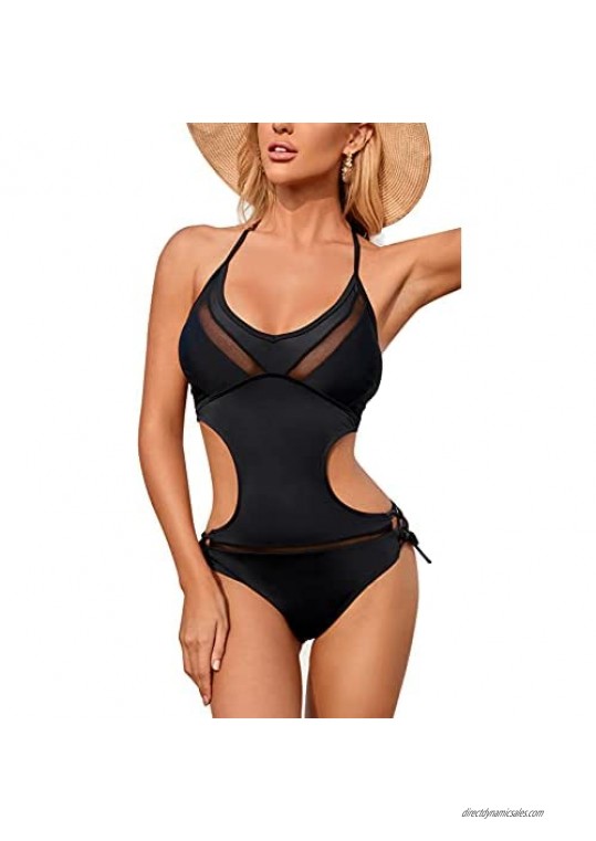 Lomitti Women's Halter Mesh Insert Sexy One Piece Swimsuit Cutout Monokini Bathing Suit