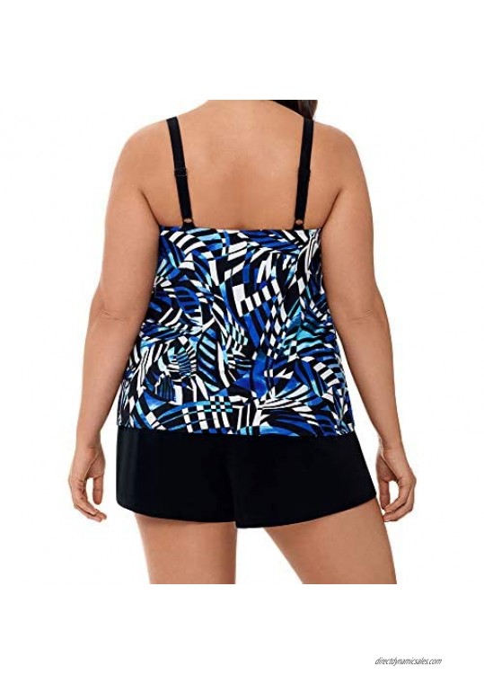 Longitude Women's Plus Size Swimwear Digital Cortex Ruffle Faux Shortini Long Torso One Piece Swimsuit