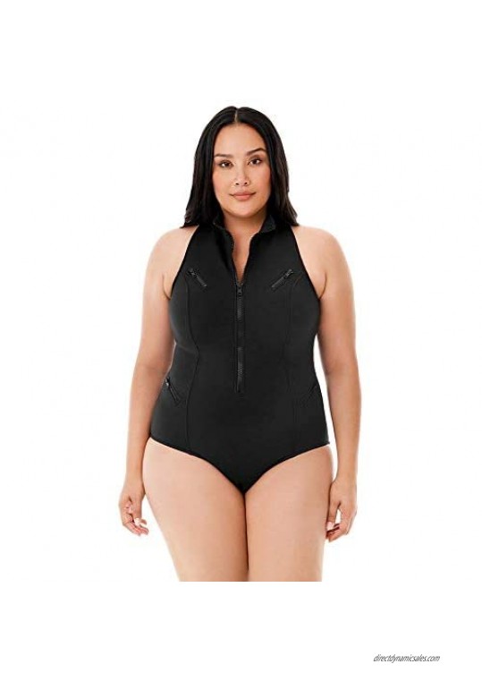 Magicsuit Women's Plus Size Swimwear Deep Dive Coco High Neckline Underwire Bra Zip Front Racerback One Piece Swimsuit