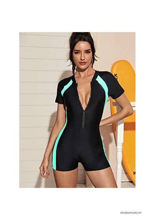 MakeMeChic Women's One Piece Swimsuit Colorblock Zip Up Athletic Swimwear