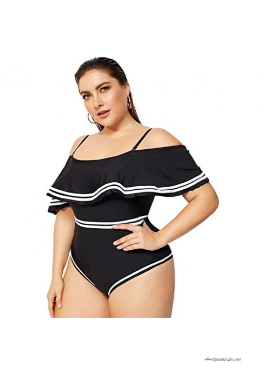 MakeMeChic Women's Plus Striped Off Shoulder Flounce Bardot One Piece Swimsuit