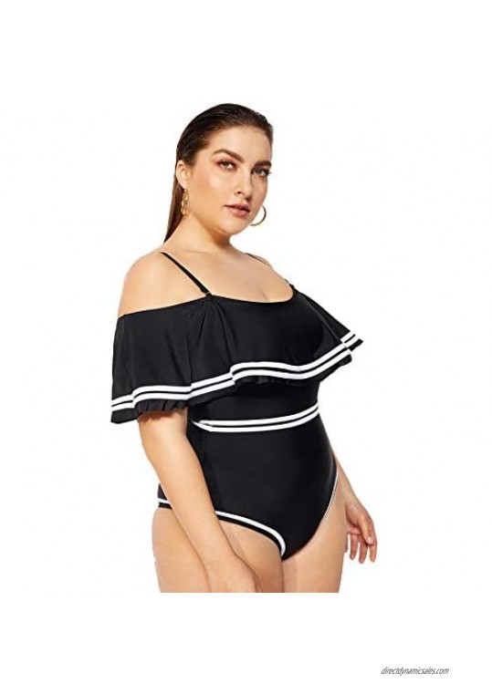 MakeMeChic Women's Plus Striped Off Shoulder Flounce Bardot One Piece Swimsuit