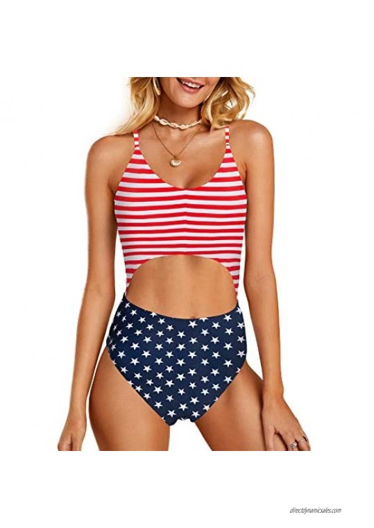 Misassy Womens American Flag Print One Piece Swimsuits High Waisted Cut Out Bathing Suits