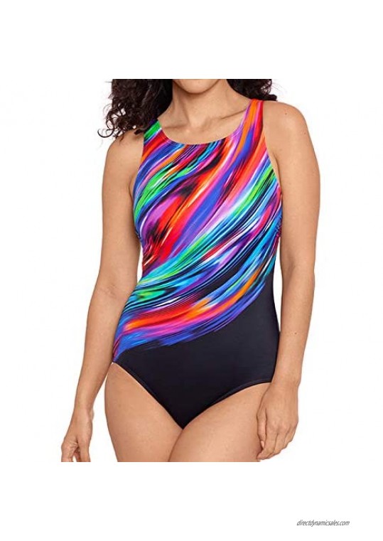 Reebok Women's Swimwear Glowing Strong High Neck Tummy Control Soft Cup One Piece Swimsuit