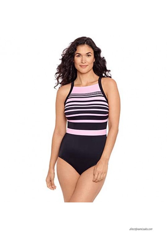 Reebok Women's Swimwear Insta Stripe High Neck Soft Cup One Piece Swimsuit