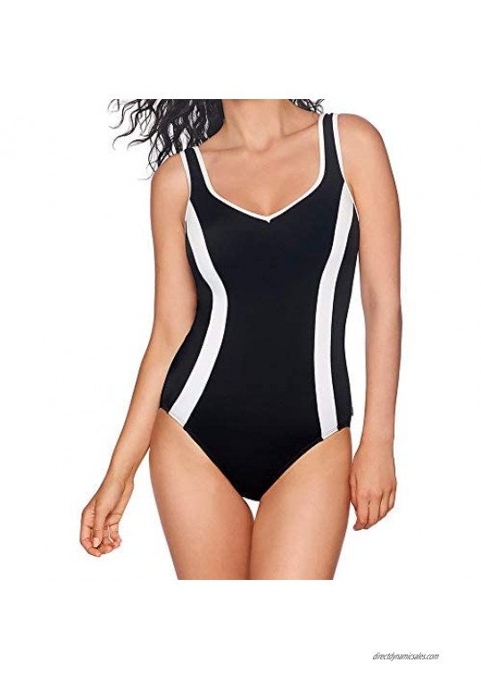 Reebok Women's Swimwear Sport Fashion Colorblock V-Neckline One Piece Swimsuit
