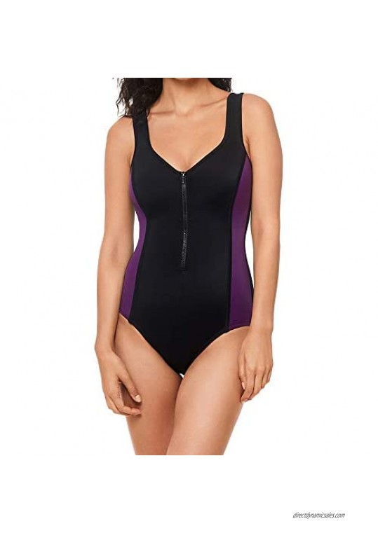 Reebok Women's Swimwear Sport Fashion Colorblock V-Neckline Zipper Tank One Piece Swimsuit