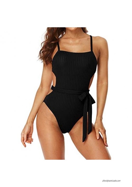 Sociala Sexy One Piece Swimsuits for Women Ribbed High Cut Bathing Suits Cutout Swimwear Monokini