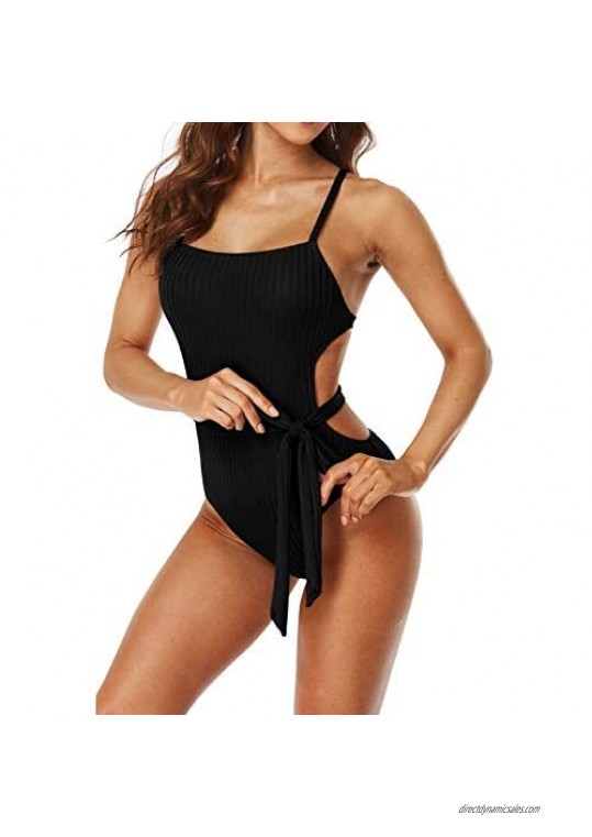 Sociala Sexy One Piece Swimsuits for Women Ribbed High Cut Bathing Suits Cutout Swimwear Monokini