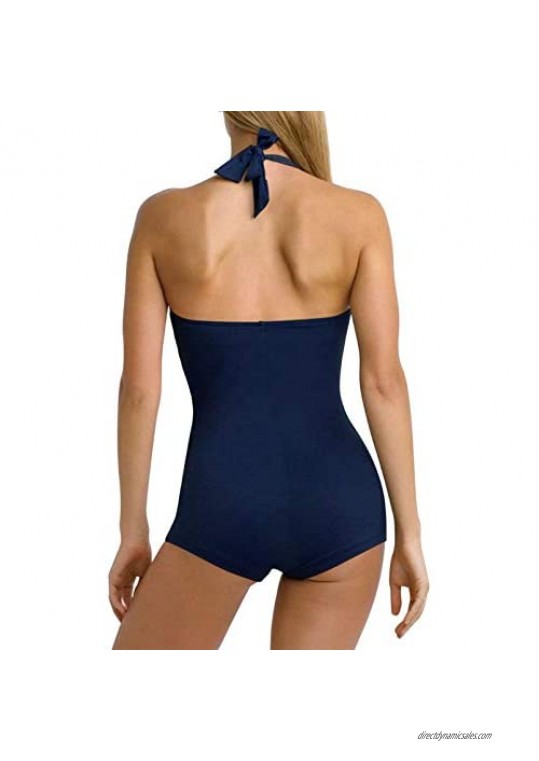 TOLENY Women's Halter One Piece Bathing Suit Shirred Boyleg Swimwear Tummy Control Monokini Padded Swimsuit