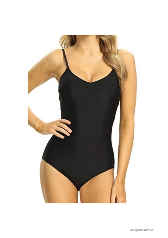 Unitesoro Women's Black One Piece Swimsuit V Neck Strappy Cross Back Bathing Suit Swimwear