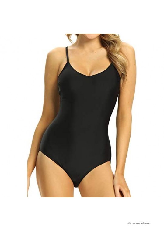 Unitesoro Women's Black One Piece Swimsuit V Neck Strappy Cross Back Bathing Suit Swimwear