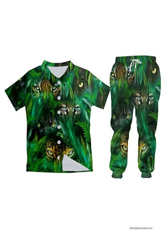 Animal Forest Hoodie Sweatshirt&Jogger Pants Set Green 3D Tiger Eye Print Unisex Tops
