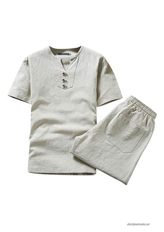 Cotton Linen Set for Men Plus-Sized Solid Color Short-Sleeved T-Shirt Short Sets Outfits 2 Piece Casual