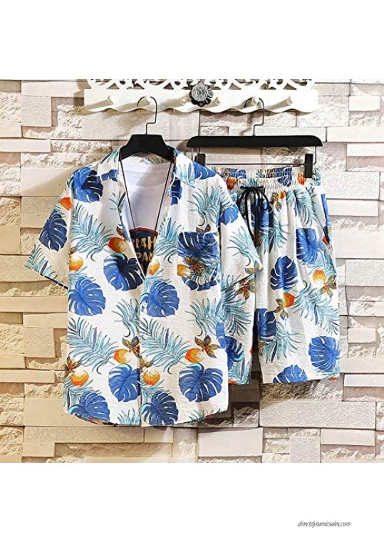 JUNGE 2021 Fashion Men's Hawaiian Shirt Shorts Set Beach Shorts And Casual Printed Short Sleeve Shirt Top 2 Piece Suit