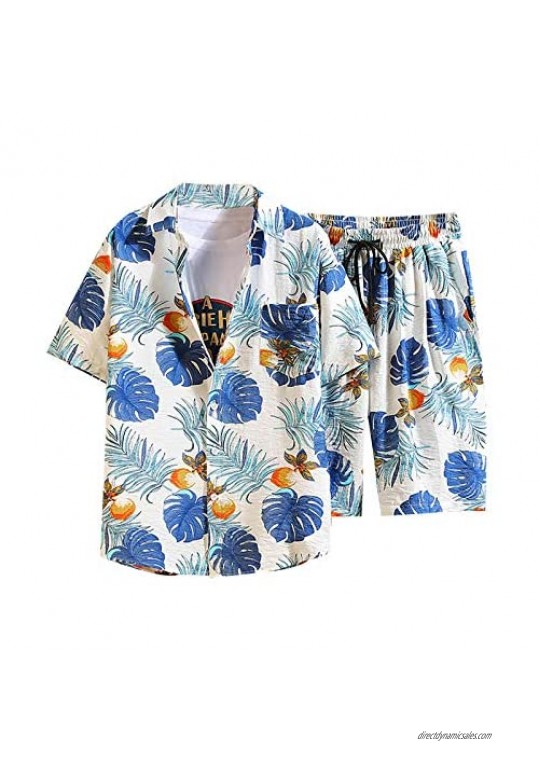 JUNGE 2021 Fashion Men's Hawaiian Shirt Shorts Set  Beach Shorts And Casual Printed Short Sleeve Shirt Top 2 Piece Suit