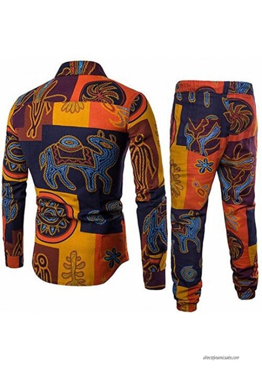 KLJR-Men Linen African Dashiki Print Shirt and Jogger Pants 2 Piece Set one US