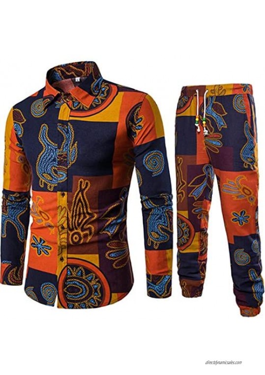 KLJR-Men Linen African Dashiki Print Shirt and Jogger Pants 2 Piece Set one US