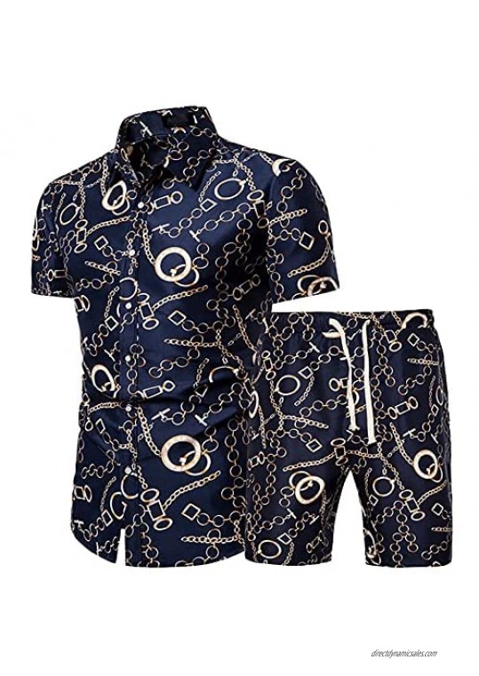 Men 2 Piece Short Sets Outfits Summer Beach Wear Two-Piece Suits Floral Hawaiian Sweat Suit Sleeve Shirts & Shorts Sets