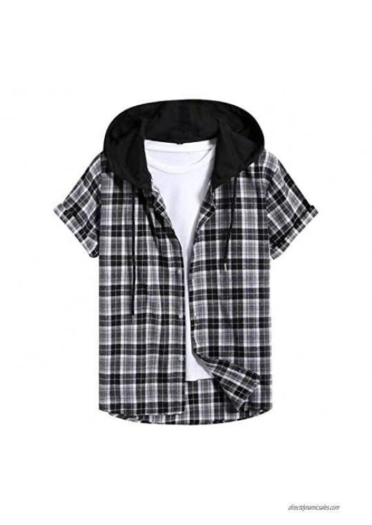 Men Short Sleeve Hooded Plaid Print Shirt Top Spring Summer T-Shirt Slim Casual Button-Down Shirts