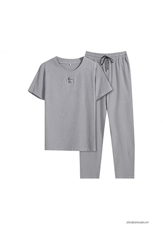 Mens 2 Piece Sets Outfits Summer Casual Comfy Retro Cotton Linen Sets Short-Sleeved T-Shirt + Trousers