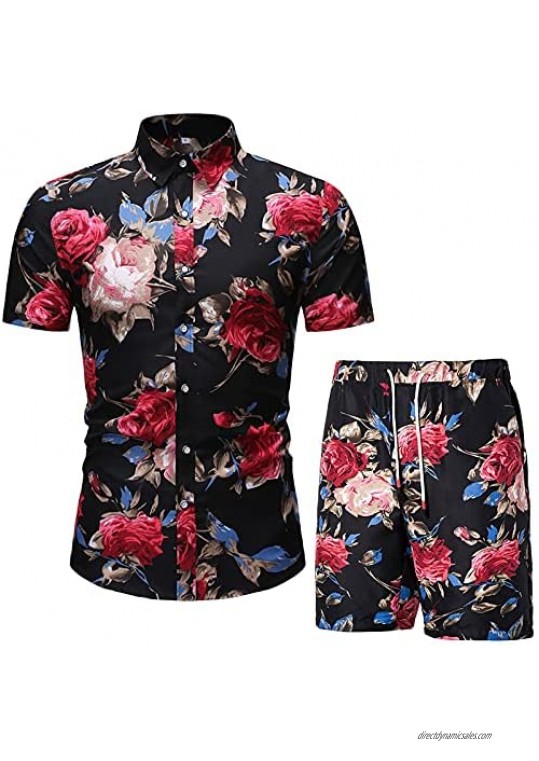 Men's Summer Outfits Short Sleeve Casual Button Down Shirt/Swim Trunks 2 Piece Set Beach Hawaiian Shirts