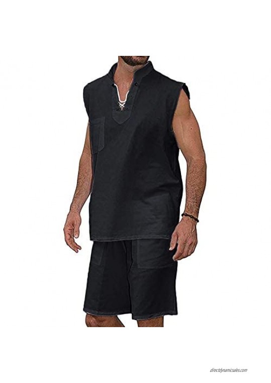 Men's Tank and Shorts Set 2021 Summer Cotton and Linen Fashion Cool Hippie Shirts Sleeveless Suit