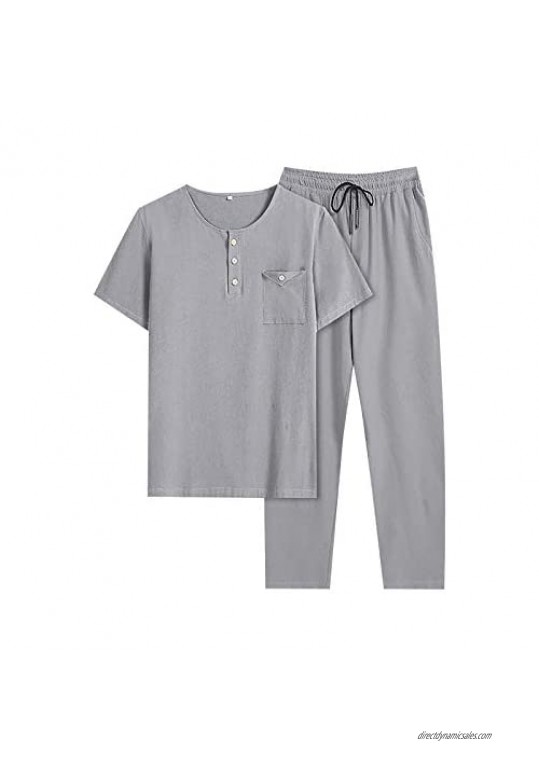 Men's Tracksuit Long-Sleeved Loose Pants Solid Color Retro Cotton Linen 2 Piece Suit Summer Spring T-Shirt Tops Outfits Sets