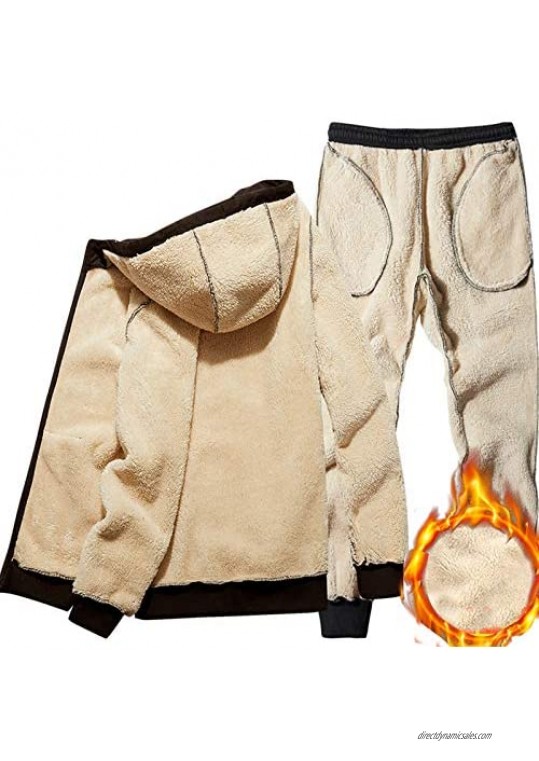 Men's Tracksuit Sets Heavyweight Sherpa Lined Fleece Jacket Zip Up Hoodie Sweatshirts & Pants Winter Warm Jogger Suits