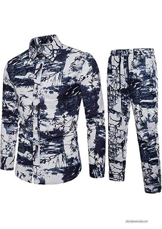 Mens Two Pieces African Print Linen Shirts and Pants Sweatsuit Outfit Set