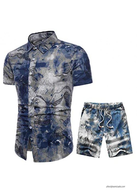 miqiqism Summer Outfits Men Hipster Hawaii Printed Half Sleeve Button-Dwon T Shirts Jogger Shorts Sets 2 Piece Tracksuits