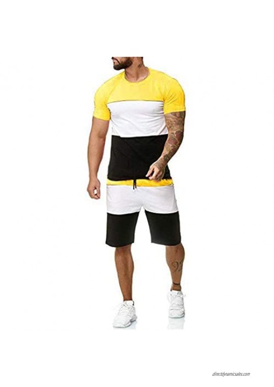 MOOKO Men 2 Piece Tracksuits Outfit Color Block Summer Casual Big Tall Tracksuits Short Sleeve Shirts Suits Sportsuit