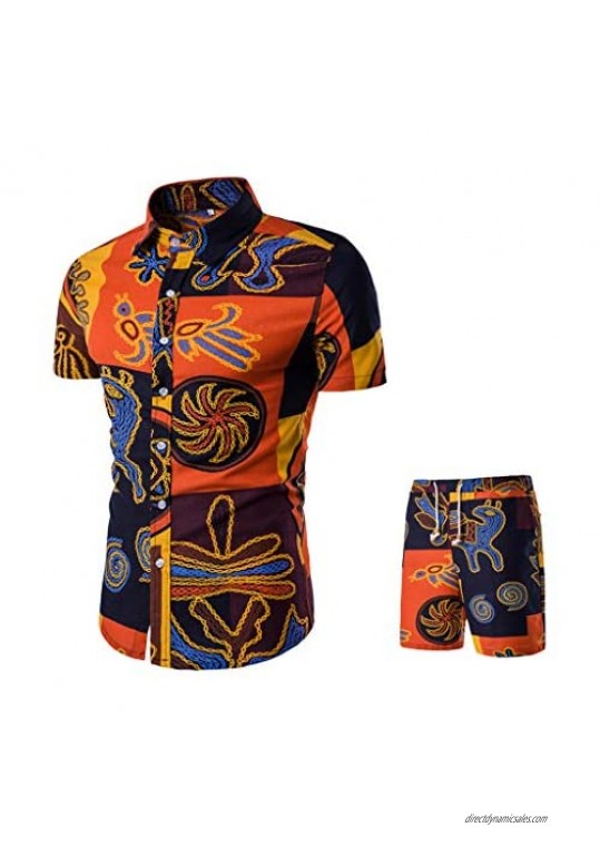 Outfits Set for Men  F_Gotal Men's Outfits Beach Shorts African Floral Print Two Piece Cotton Linen Outfits Sets