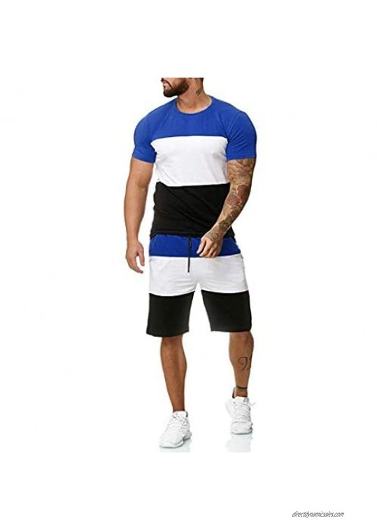 SPE969 Men's Summer Casual Tracksuit Leisure Outfit Thin T-Shirt Shorts Stripe Contrast 2 Piece Sets