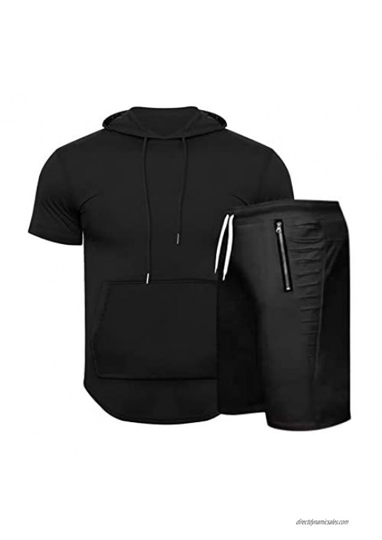 Stoota Men's Summer Hooded Sporty Textured Short Sleeve Shorts Set 2 Piece Breathable Jogging Sweatsuit Sets Streetwear
