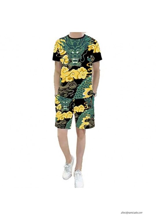 Summer Men's Suit Fashion 3D Animal Dragon and Tiger Print T-Shirt Shorts 2-Piece Set