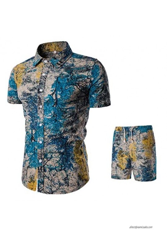 Tracksuit Men 2 Piece Outfit Ethnic Style Casual Short Sleeve Fashion Printing Shirt +Shorts Set
