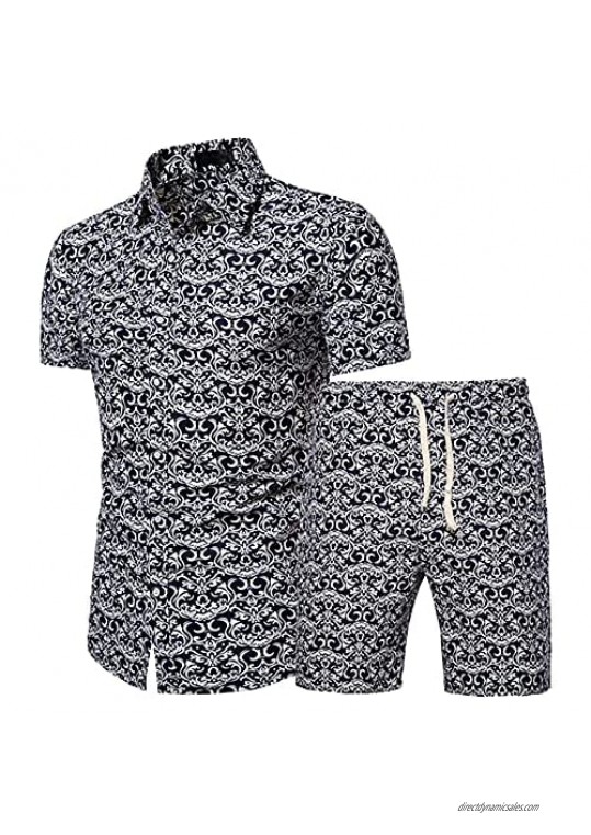Yowein Men's Casual Button Down Short Sleeve Hawaiian Suits Beach 2 Piece Summer Jumpsuit Shirt Pants Casual Gym Set