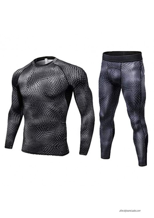 2 Pcs Men's Workout Set with Compression Pants  Long Sleeve Shirts  Compression Suits for Running Cycling