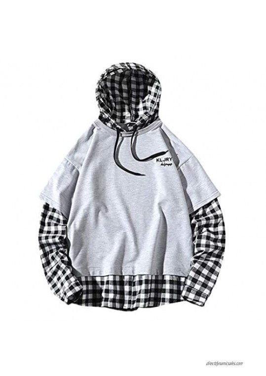 Men Fake Two-Piece Plaid Print Hooded Sweatshirt Splicing Pullover Long Sleeve Tops
