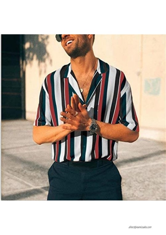 Mens Summer Fashion Colorful Striped Shirt Casual Short Sleeve Lapel Button Tops