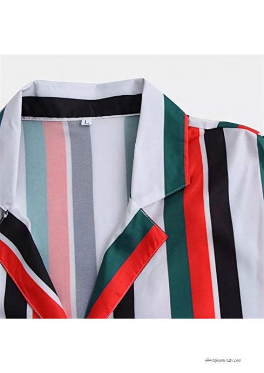 Mens Summer Fashion Colorful Striped Shirt Casual Short Sleeve Lapel Button Tops