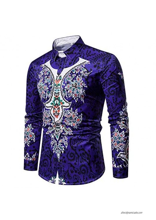 MODOQO Long Sleeve Men's Button Down African Dashiki Print Casual Shirt Tops