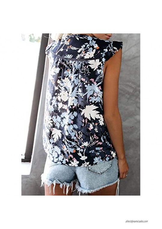 Actloe Womens Floral Print V Neck Tank Tops Casual Ruffle Summer Sleeveless Shirts Blouses